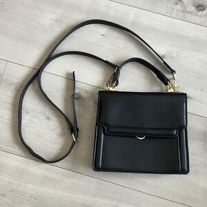 Vintage Black Leather Top-Handle Satchel with Gold Hardware